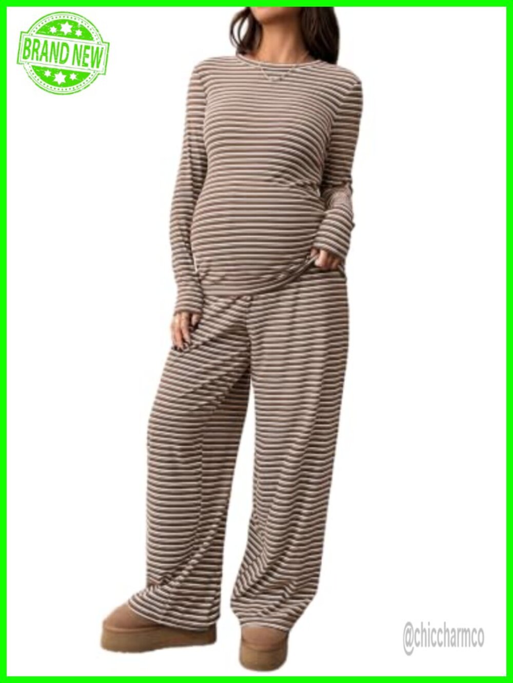 Maternity 2 Piece Lounge Set Striped Long Sleeve Sleepwear with Pockets - Picture 1 of 6